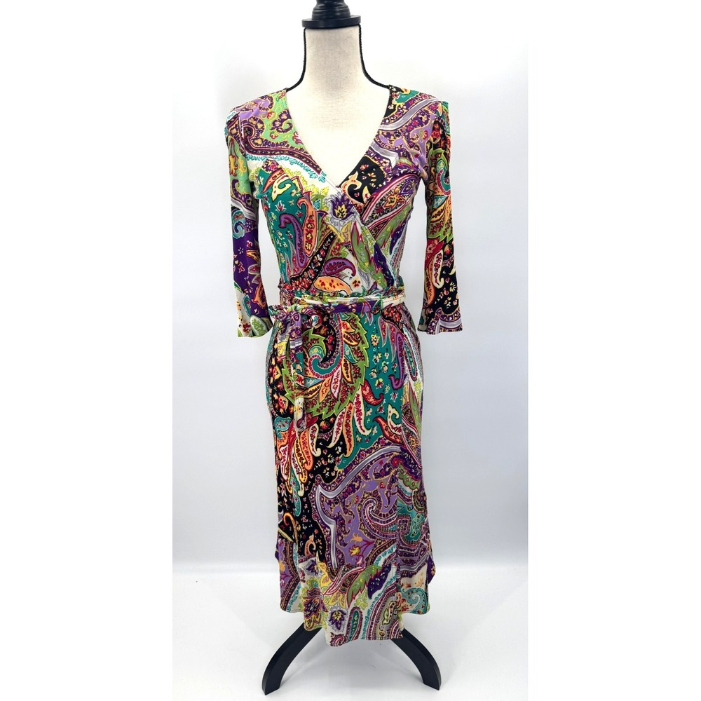 Etro Milano Boho 3/4 Sleeve Midi Wrap Dress Italy 38 Small 2 Deep V Belted Artsy - Picture 2 of 15